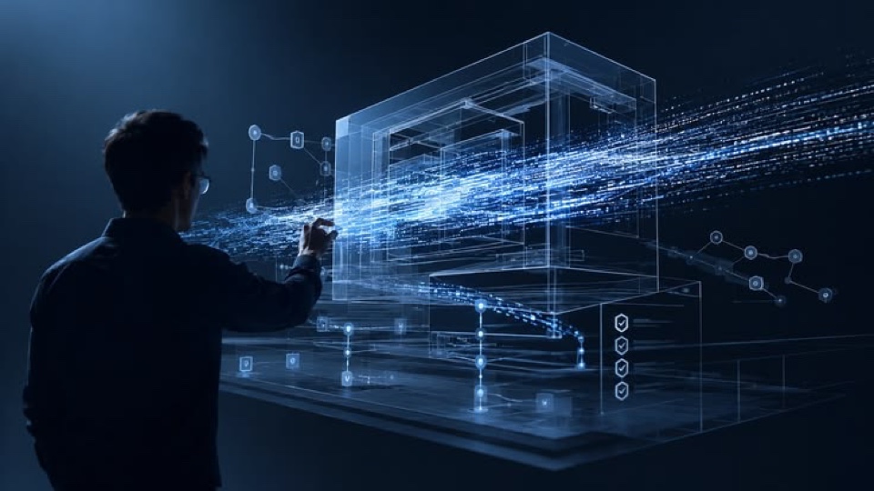 Engineer interacting with a holographic AI automation interface