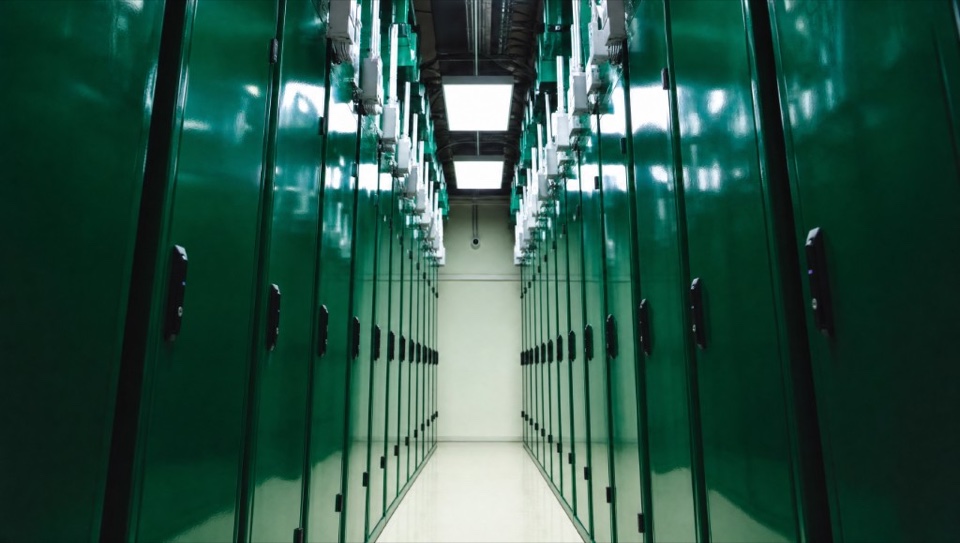 Symmetric aisle of secure green server cabinets in a data center
