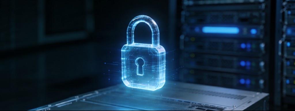 Holographic padlock projected above server hardware in a secure data center